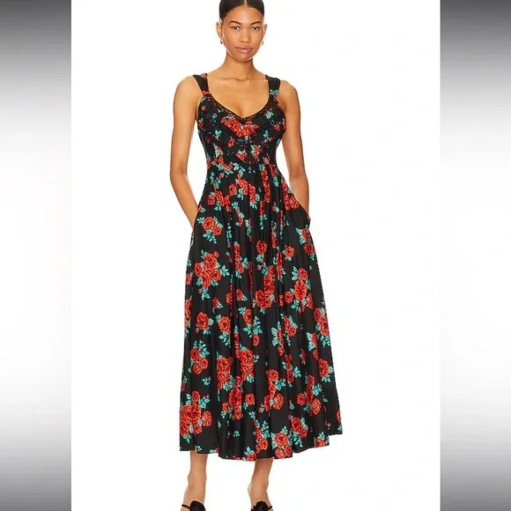 Free People Black Maxi Dress with Red Floral Print